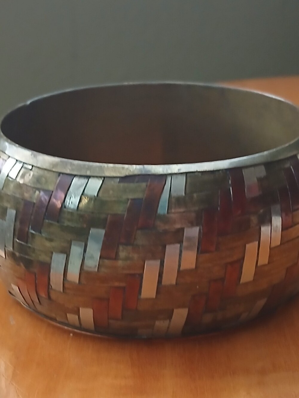 Tri Color Copper Brass Silverplated Woven Bangle Bracelet 8"